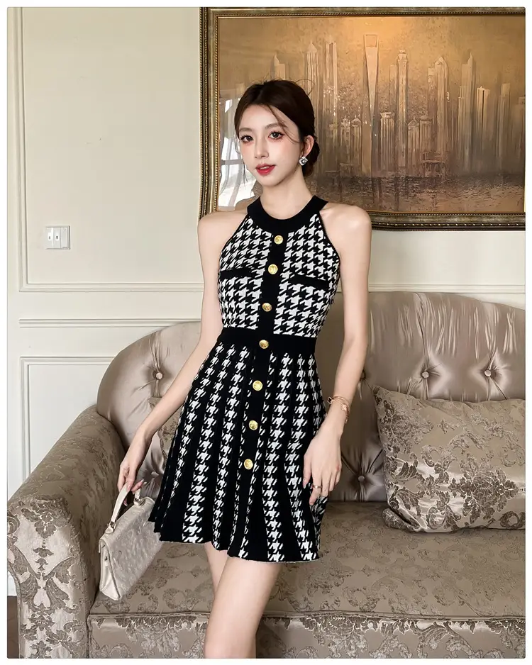 Real Shot of Hepburn Style French Black Letter Halter Dress for Women Summer Waist Slimming Elegant Little Black Dress Knitted Skirt — feature 15