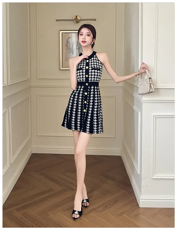 Real Shot of Hepburn Style French Black Letter Halter Dress for Women Summer Waist Slimming Elegant Little Black Dress Knitted Skirt — feature 16