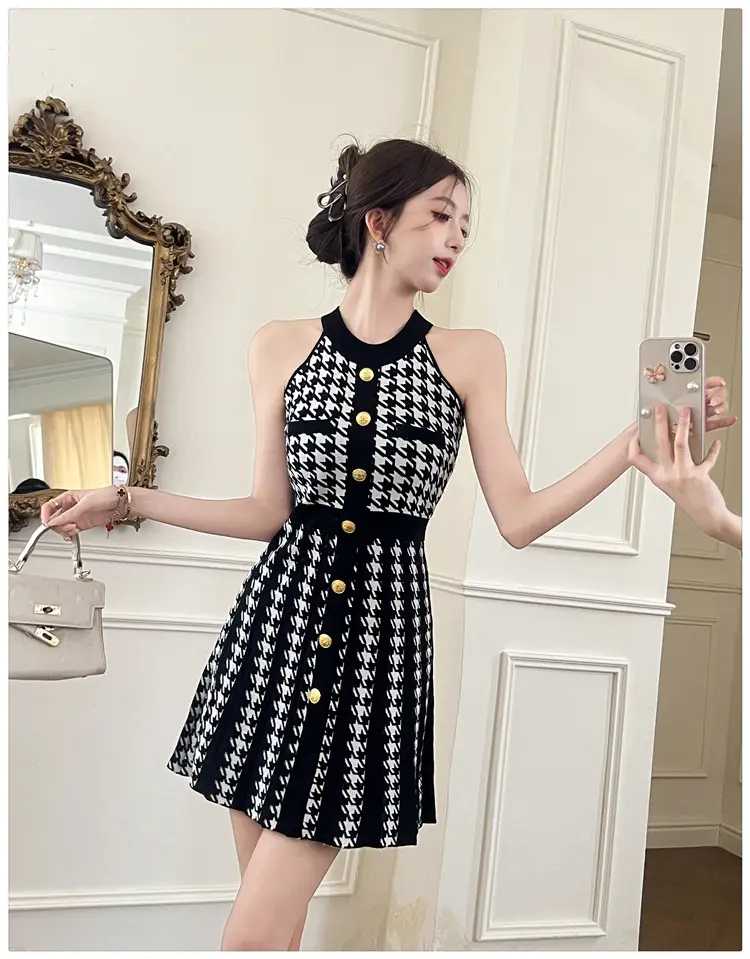 Real Shot of Hepburn Style French Black Letter Halter Dress for Women Summer Waist Slimming Elegant Little Black Dress Knitted Skirt — feature 17