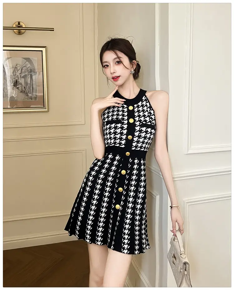 Real Shot of Hepburn Style French Black Letter Halter Dress for Women Summer Waist Slimming Elegant Little Black Dress Knitted Skirt — feature 18
