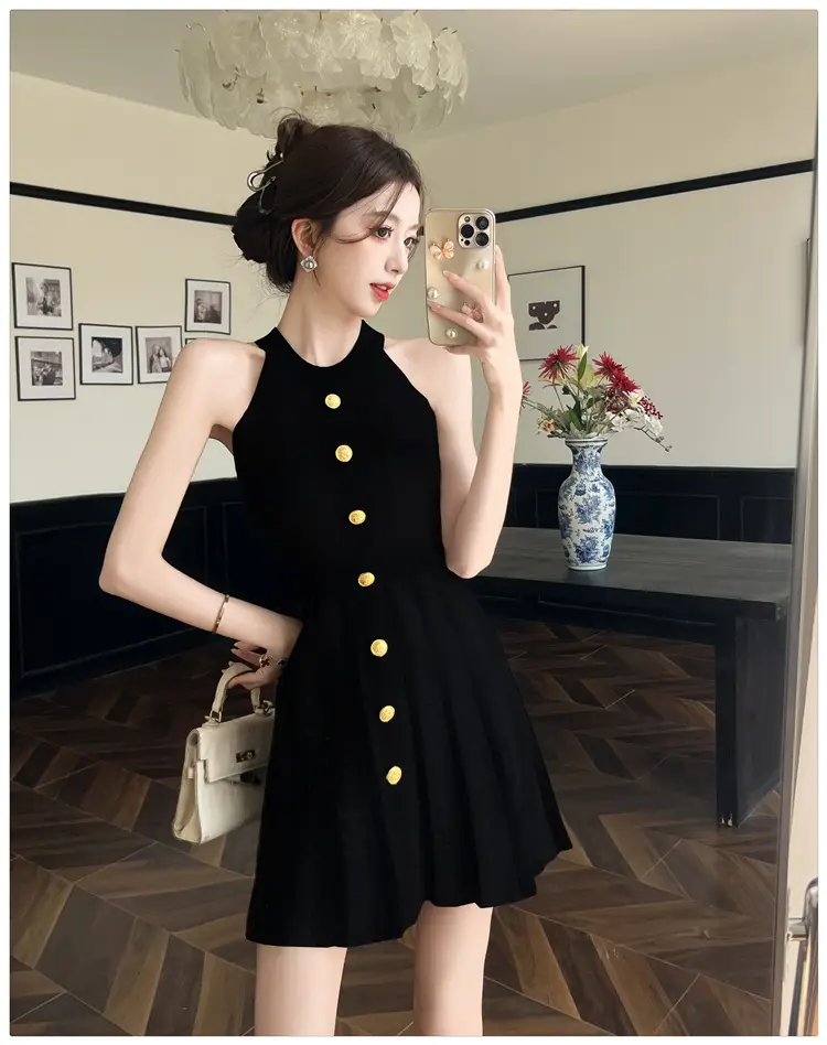 Real Shot of Hepburn Style French Black Letter Halter Dress for Women Summer Waist Slimming Elegant Little Black Dress Knitted Skirt — feature 19