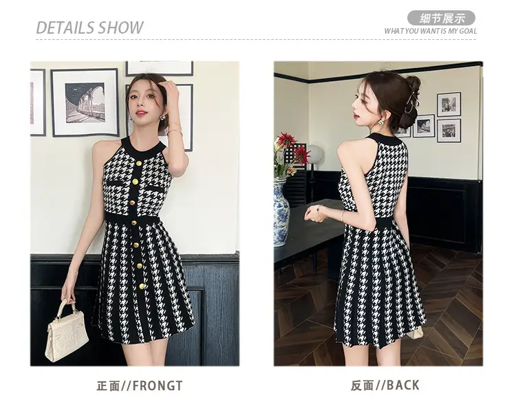 Real Shot of Hepburn Style French Black Letter Halter Dress for Women Summer Waist Slimming Elegant Little Black Dress Knitted Skirt — feature 2