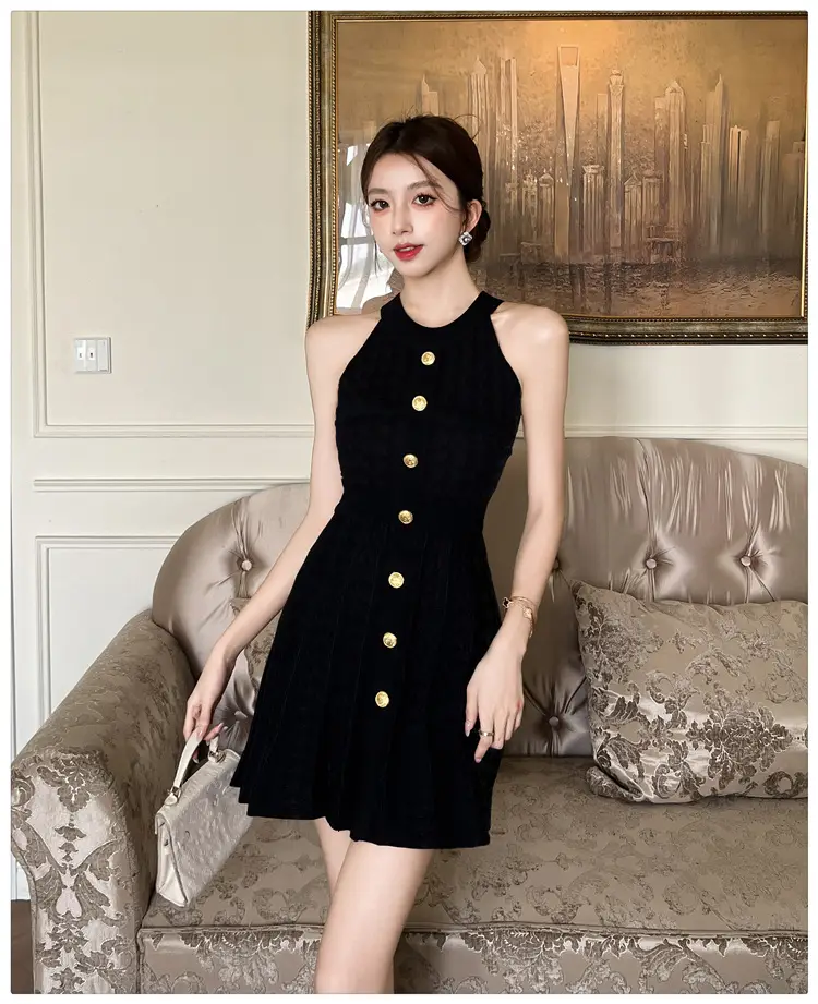 Real Shot of Hepburn Style French Black Letter Halter Dress for Women Summer Waist Slimming Elegant Little Black Dress Knitted Skirt — feature 20