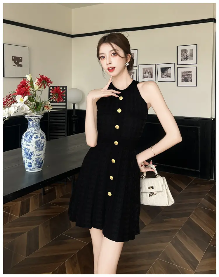Real Shot of Hepburn Style French Black Letter Halter Dress for Women Summer Waist Slimming Elegant Little Black Dress Knitted Skirt — feature 21