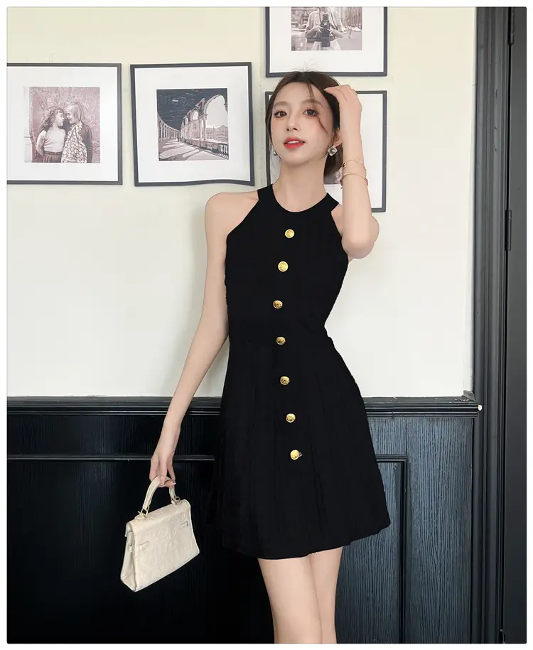 Real Shot of Hepburn Style French Black Letter Halter Dress for Women Summer Waist Slimming Elegant Little Black Dress Knitted Skirt — feature 22