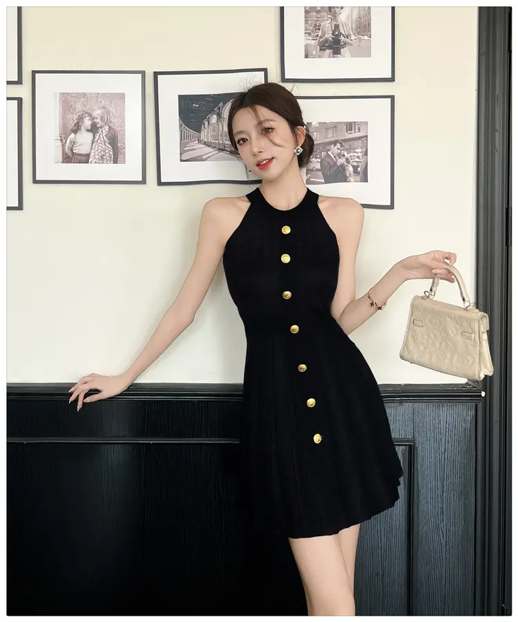 Real Shot of Hepburn Style French Black Letter Halter Dress for Women Summer Waist Slimming Elegant Little Black Dress Knitted Skirt — feature 23