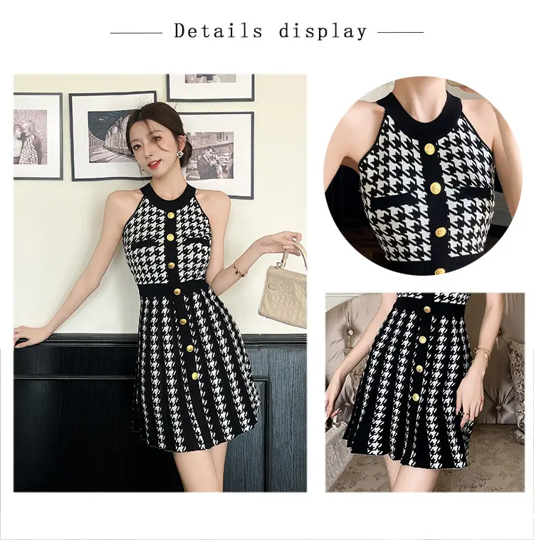 Real Shot of Hepburn Style French Black Letter Halter Dress for Women Summer Waist Slimming Elegant Little Black Dress Knitted Skirt — feature 3