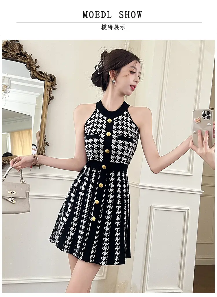 Real Shot of Hepburn Style French Black Letter Halter Dress for Women Summer Waist Slimming Elegant Little Black Dress Knitted Skirt — feature 6