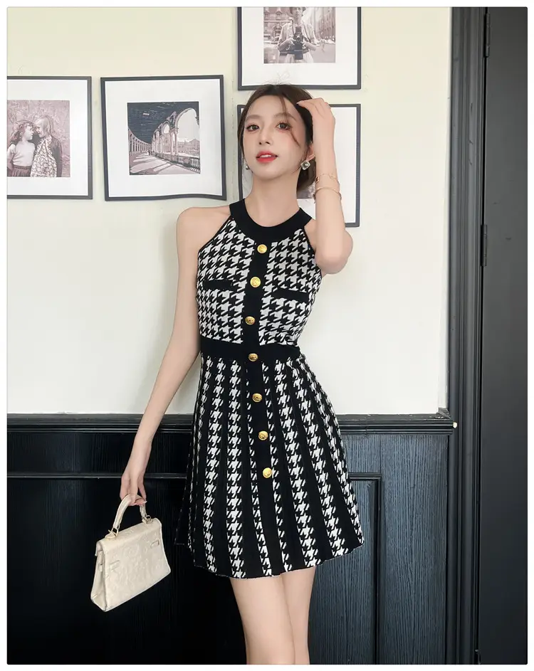 Real Shot of Hepburn Style French Black Letter Halter Dress for Women Summer Waist Slimming Elegant Little Black Dress Knitted Skirt — feature 9