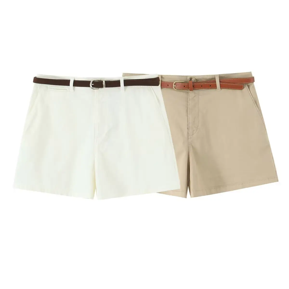 White Pleated Summer Shorts with Belt for Women - Image 7