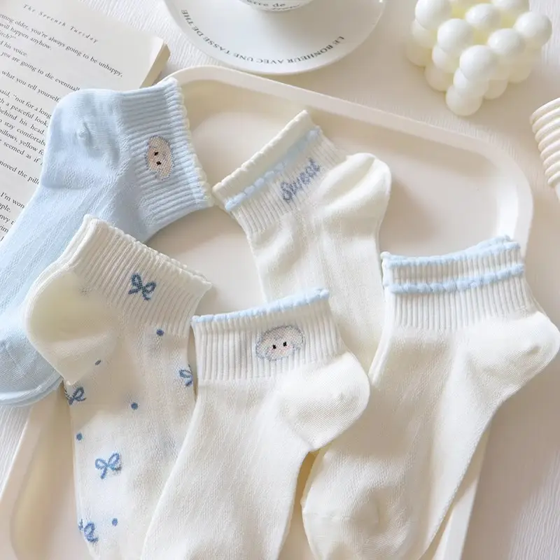 light blue Bow Mesh Socks Women's Socks Summer Pure Cotton Thin Breathable Milk White Shallow Mouth Boat Socks Sweet Japanese