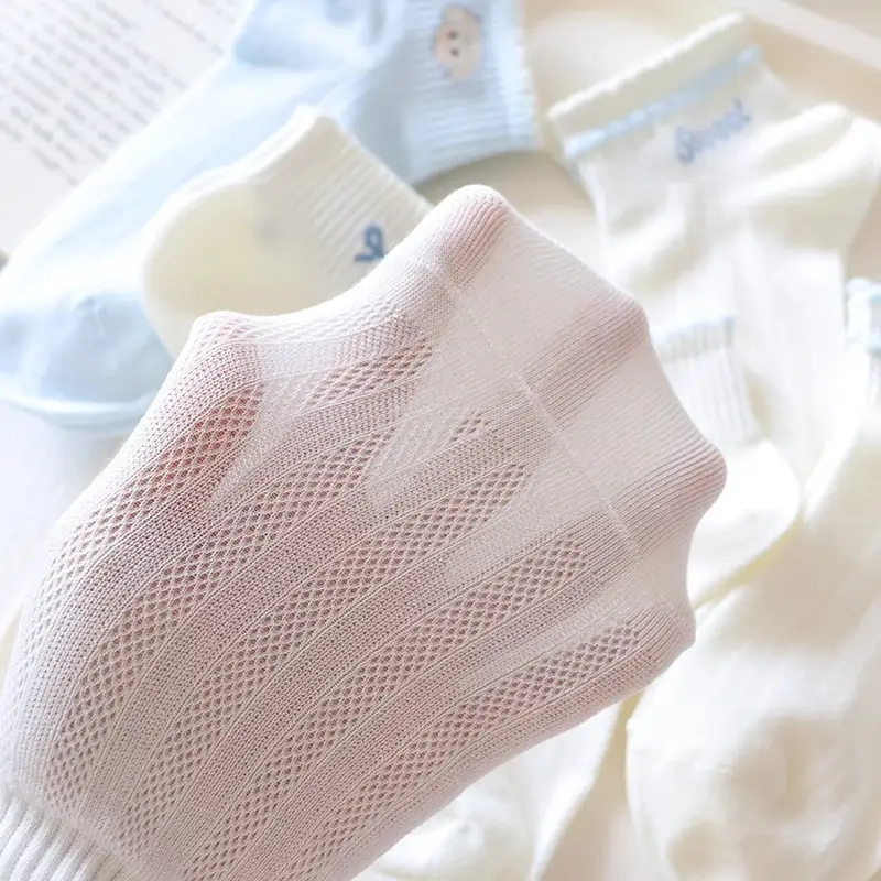 light blue Bow Mesh Socks Women's Socks Summer Pure Cotton Thin Breathable Milk White Shallow Mouth Boat Socks Sweet Japanese