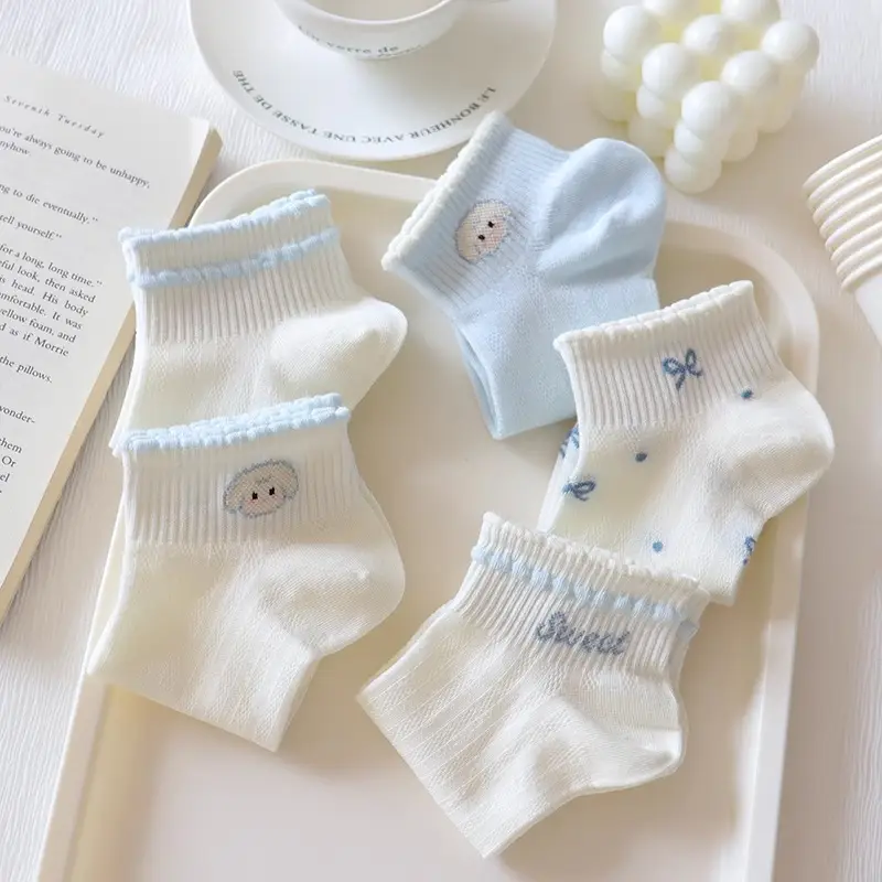 light blue Bow Mesh Socks Women's Socks Summer Pure Cotton Thin Breathable Milk White Shallow Mouth Boat Socks Sweet Japanese