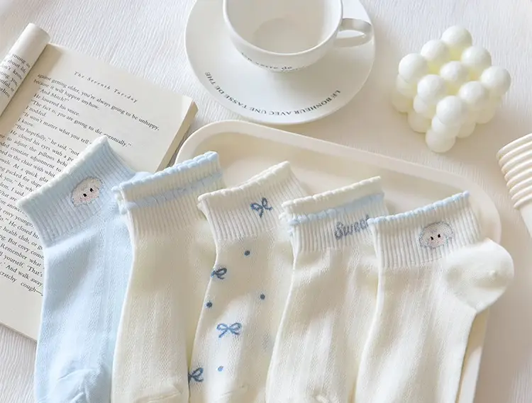 light blue Bow Mesh Socks Women's Socks Summer Pure Cotton Thin Breathable Milk White Shallow Mouth Boat Socks Sweet Japanese — feature 1