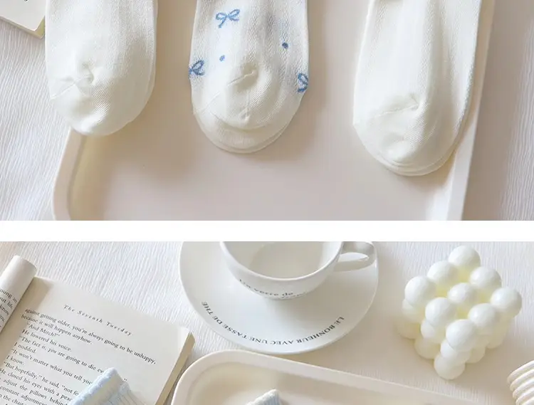 light blue Bow Mesh Socks Women's Socks Summer Pure Cotton Thin Breathable Milk White Shallow Mouth Boat Socks Sweet Japanese — feature 10