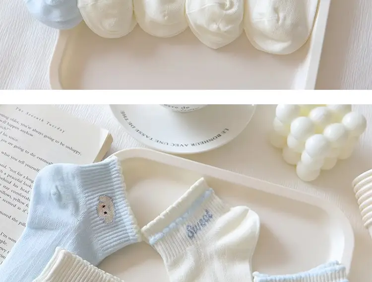 light blue Bow Mesh Socks Women's Socks Summer Pure Cotton Thin Breathable Milk White Shallow Mouth Boat Socks Sweet Japanese — feature 2