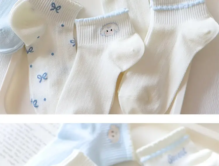 light blue Bow Mesh Socks Women's Socks Summer Pure Cotton Thin Breathable Milk White Shallow Mouth Boat Socks Sweet Japanese — feature 3