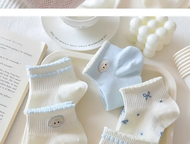 light blue Bow Mesh Socks Women's Socks Summer Pure Cotton Thin Breathable Milk White Shallow Mouth Boat Socks Sweet Japanese — feature 5