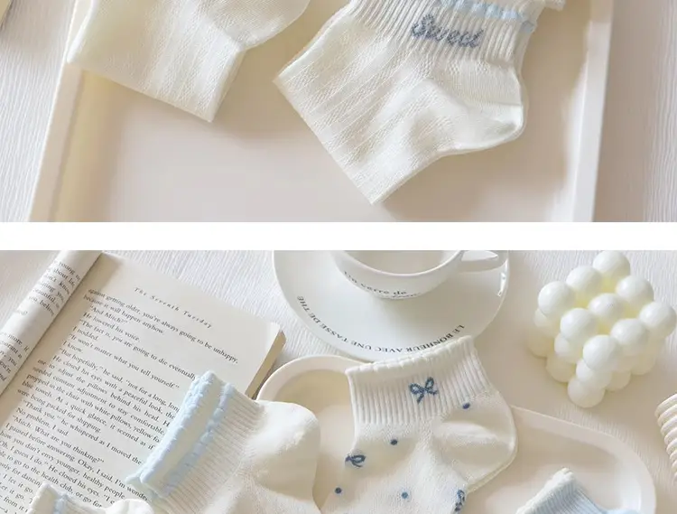 light blue Bow Mesh Socks Women's Socks Summer Pure Cotton Thin Breathable Milk White Shallow Mouth Boat Socks Sweet Japanese — feature 6