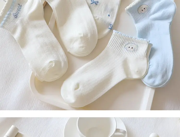 light blue Bow Mesh Socks Women's Socks Summer Pure Cotton Thin Breathable Milk White Shallow Mouth Boat Socks Sweet Japanese — feature 7