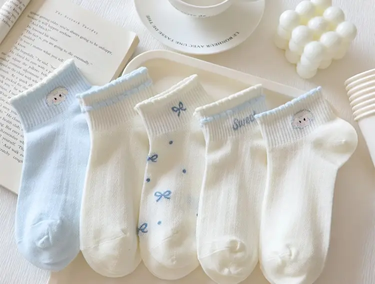 light blue Bow Mesh Socks Women's Socks Summer Pure Cotton Thin Breathable Milk White Shallow Mouth Boat Socks Sweet Japanese — feature 8