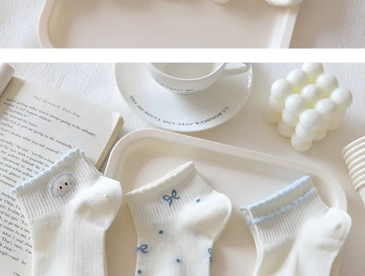 light blue Bow Mesh Socks Women's Socks Summer Pure Cotton Thin Breathable Milk White Shallow Mouth Boat Socks Sweet Japanese — feature 9