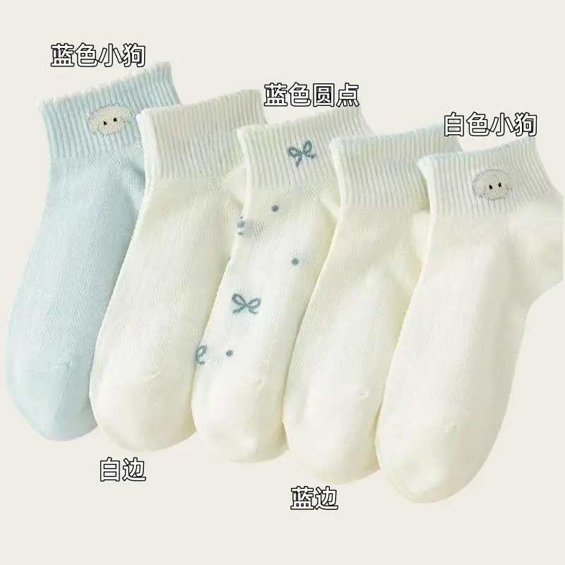 light blue Bow Mesh Socks Women's Socks Summer Pure Cotton Thin Breathable Milk White Shallow Mouth Boat Socks Sweet Japanese