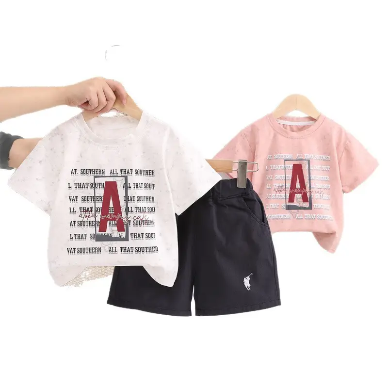 Boys Summer 2-Piece Printed T-Shirt & Shorts Set Pink Black - Image 5