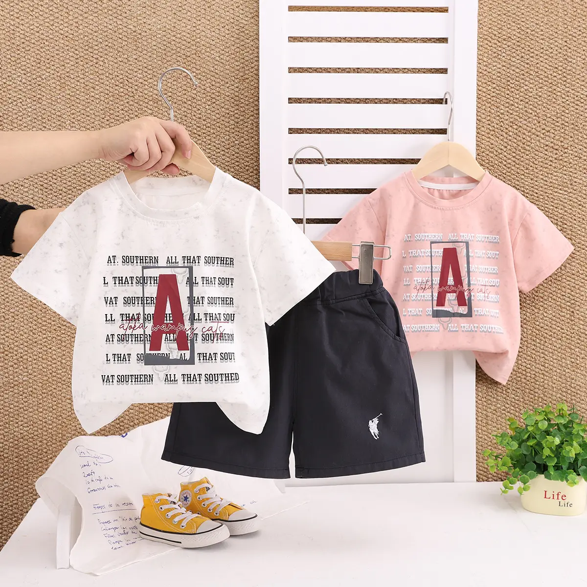 Boys Summer 2-Piece Printed T-Shirt & Shorts Set Pink Black — feature 1