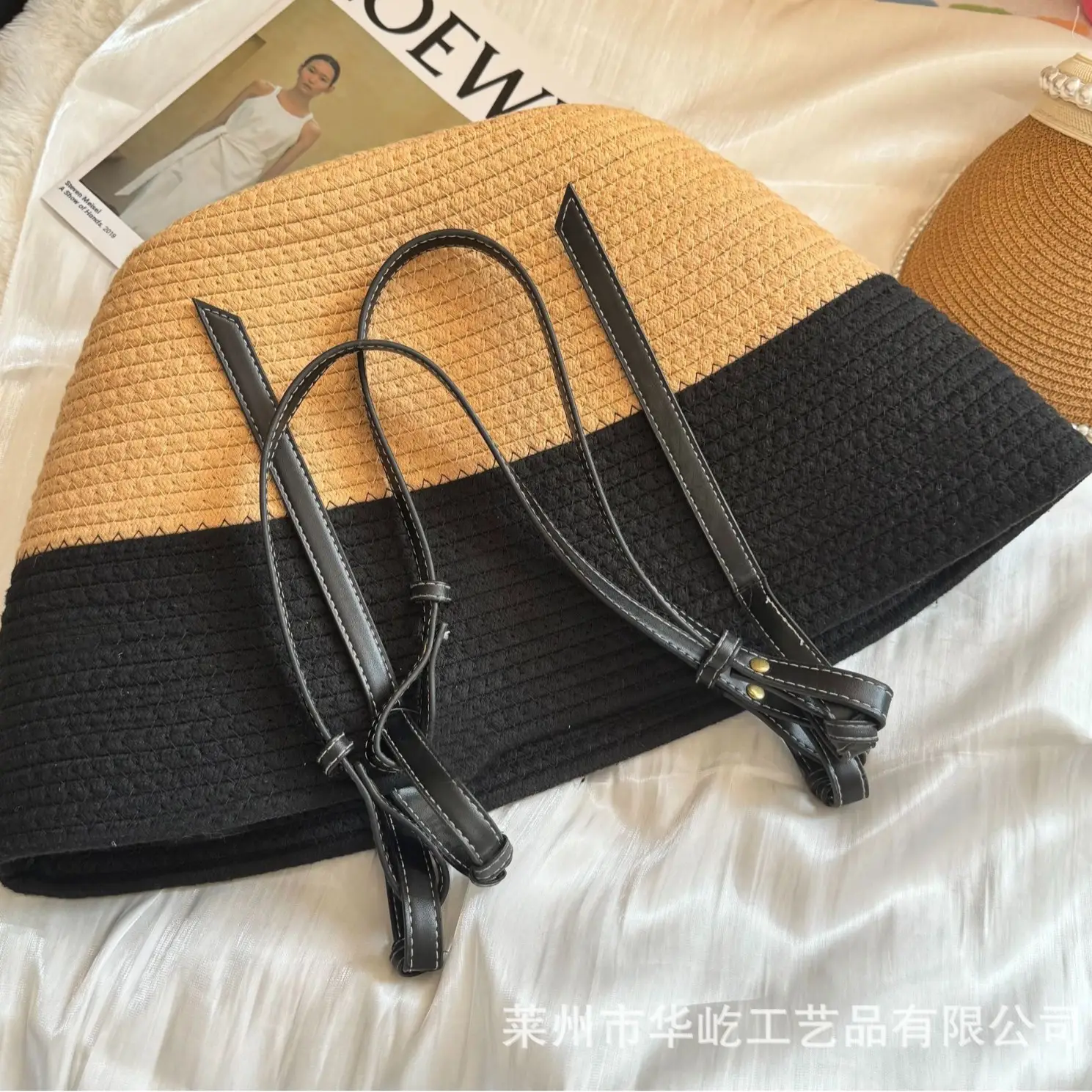 Women Woven Bag Black Beige Large Capacity Tote - Image 4