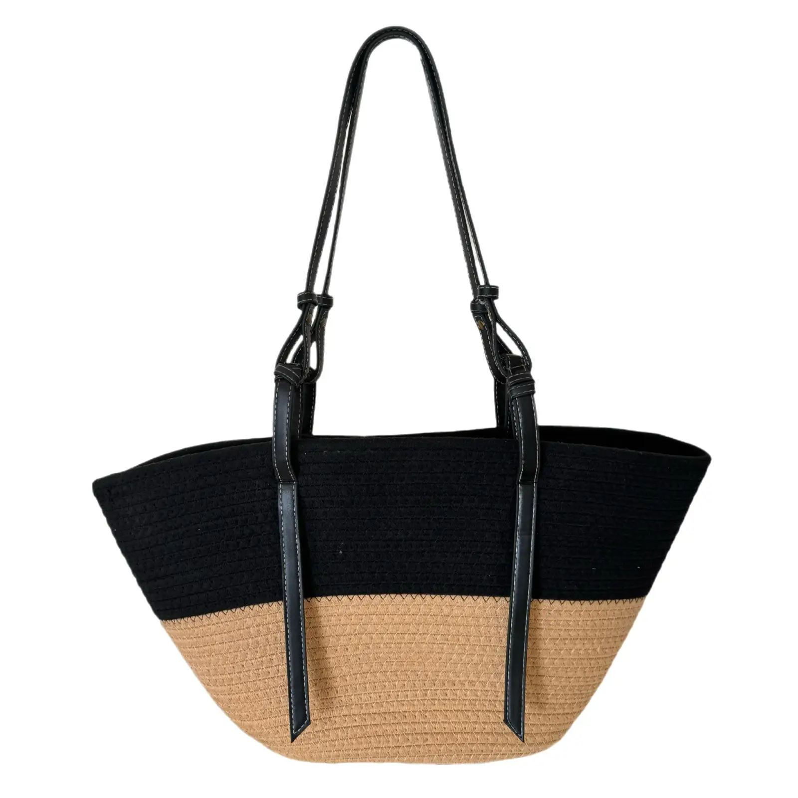 Women Woven Bag Black Beige Large Capacity Tote - Image 5