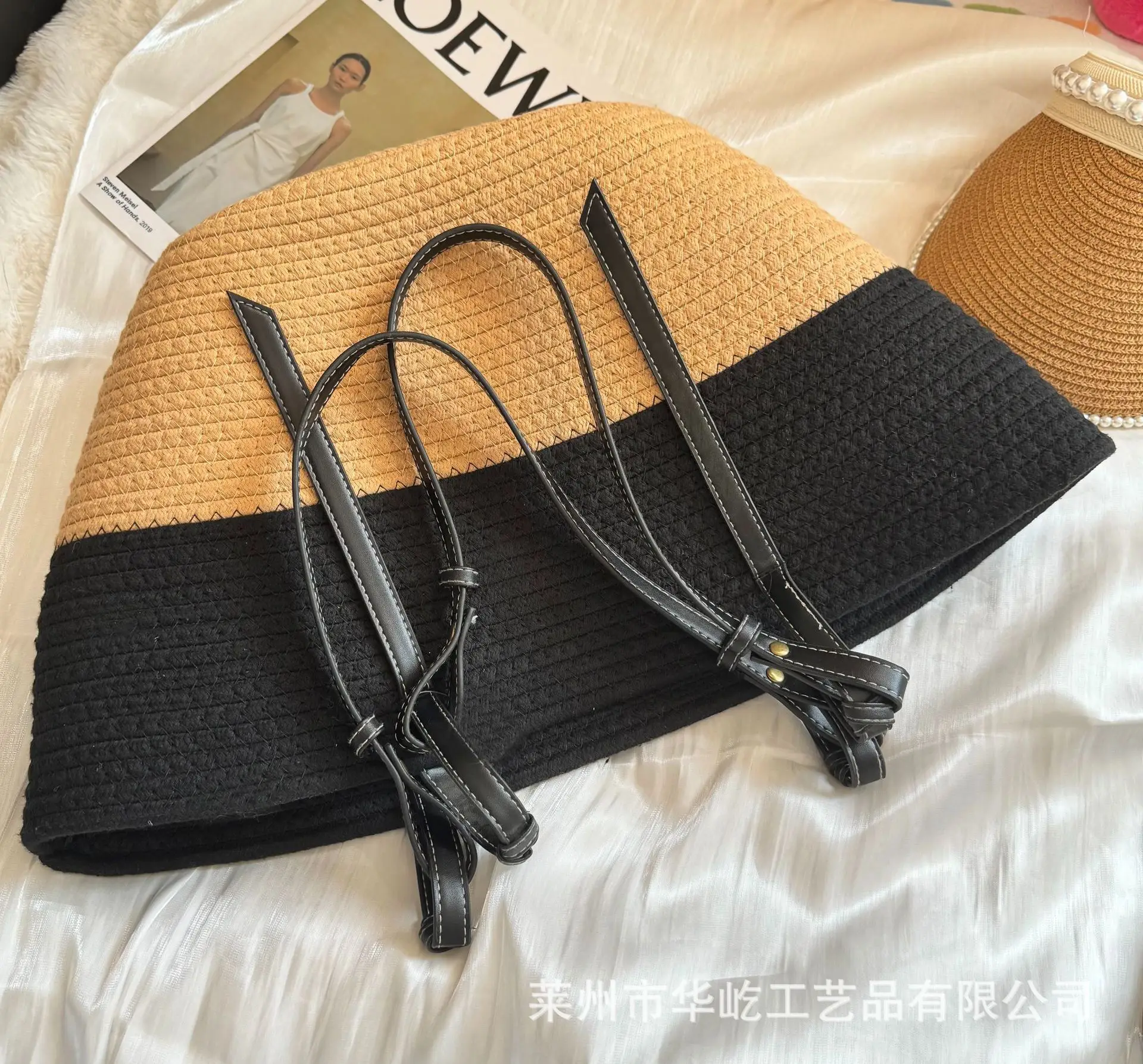 Women Woven Bag Black Beige Large Capacity Tote — feature 7