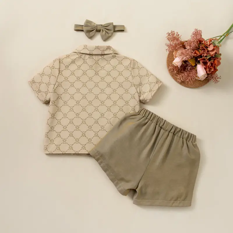 Children's Summer T-Shirt Set 2-6Yrs Beige Bow Accessory - Image 3