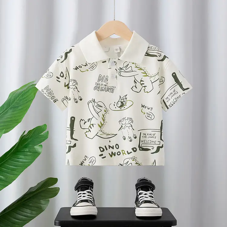 Children's Dino Printed Polo Shirt White Summer Boys 2025 - Image 4