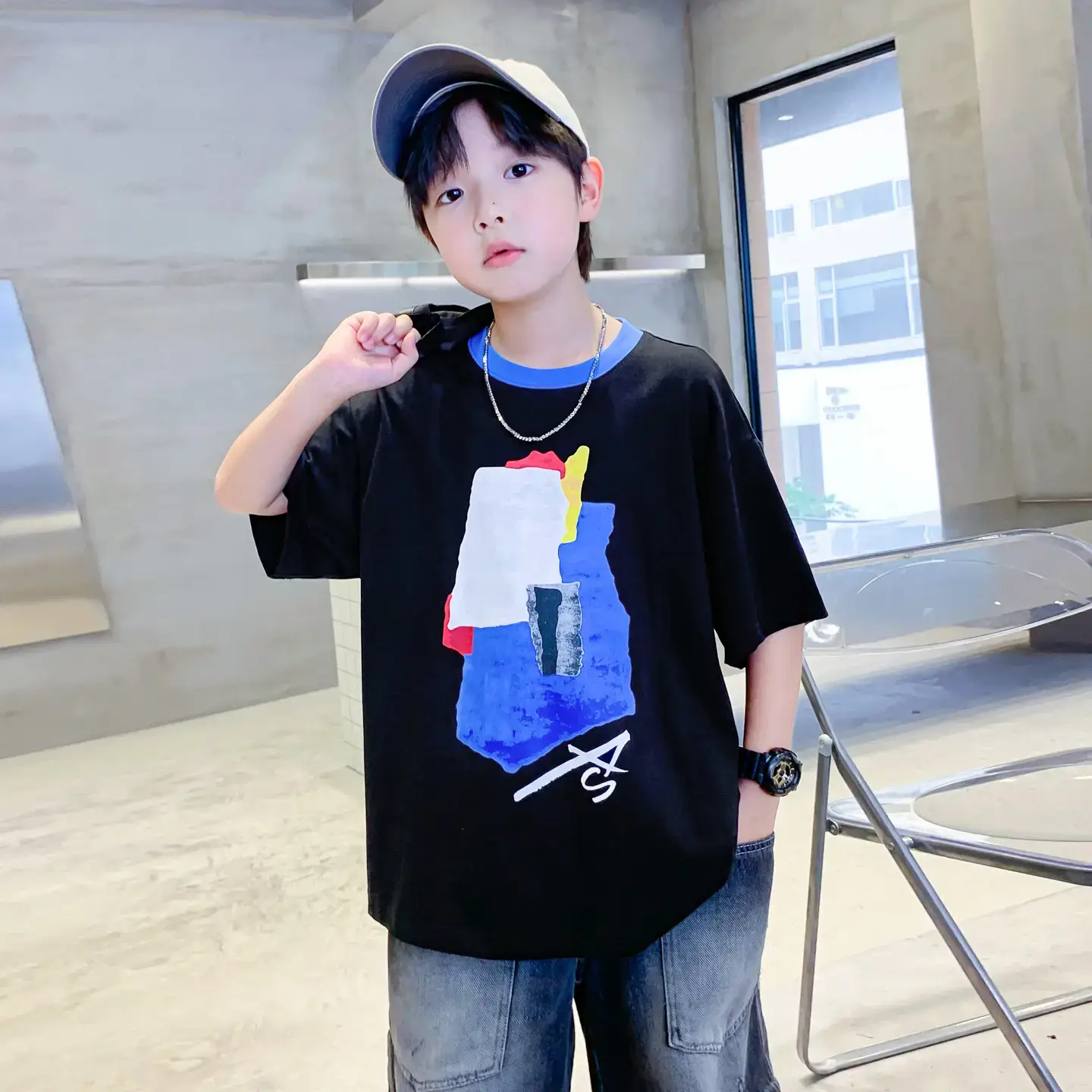 Boys Korean Style Cotton T-Shirt Black 2026 - Image 3
