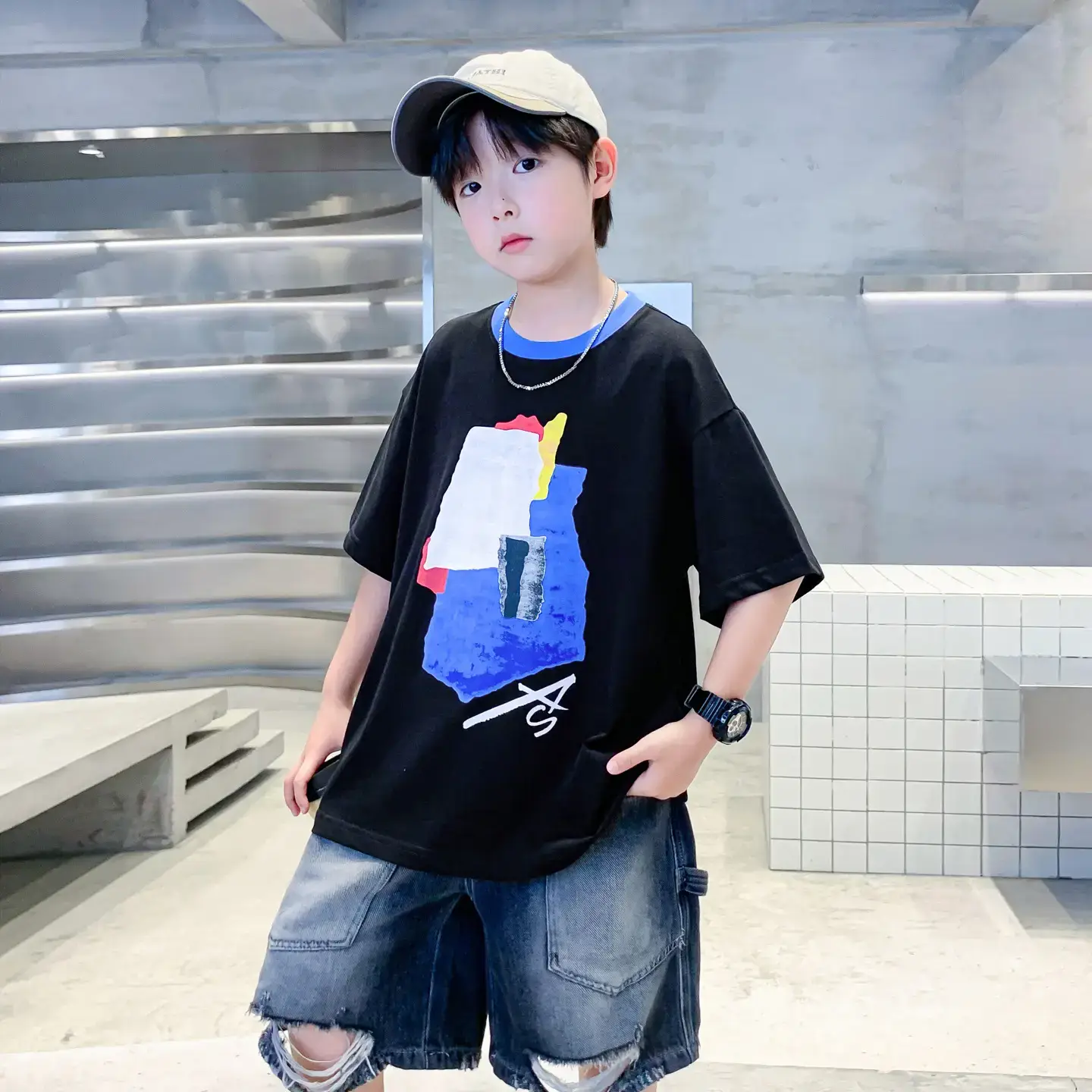 Boys Korean Style Cotton T-Shirt Black 2026 - Image 4
