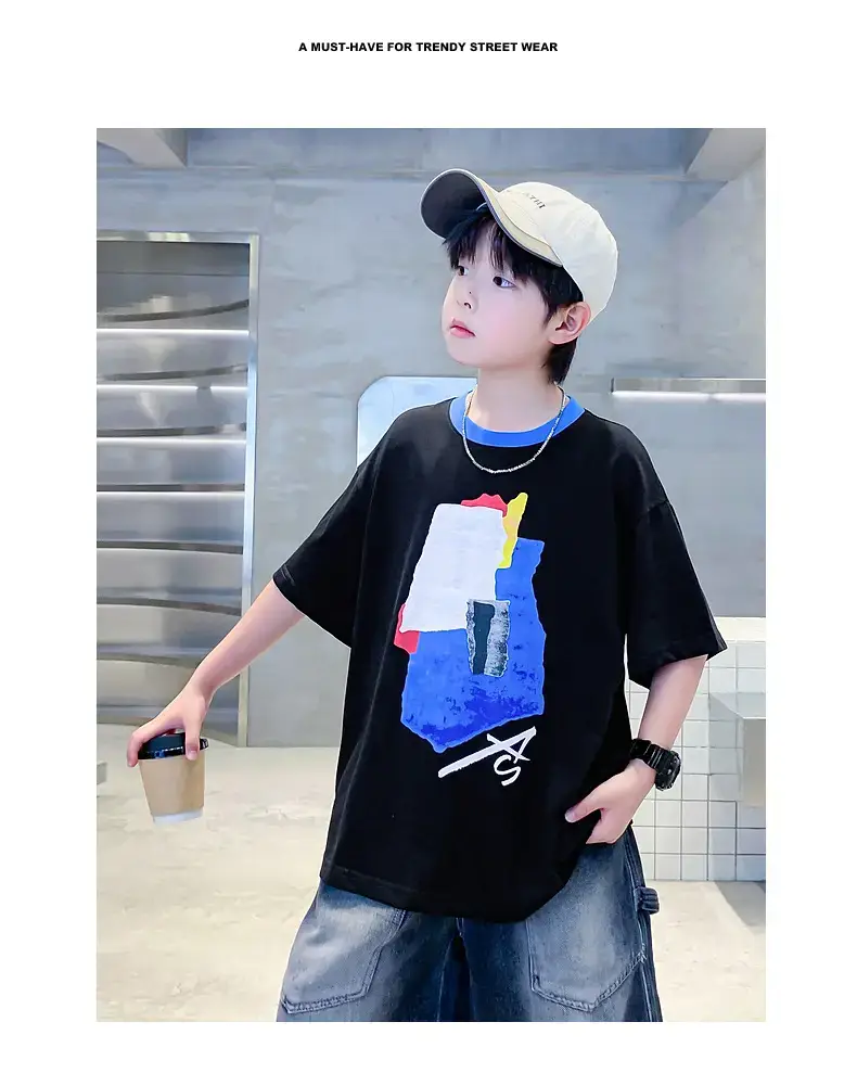 Boys Korean Style Cotton T-Shirt Black 2026 — feature 2
