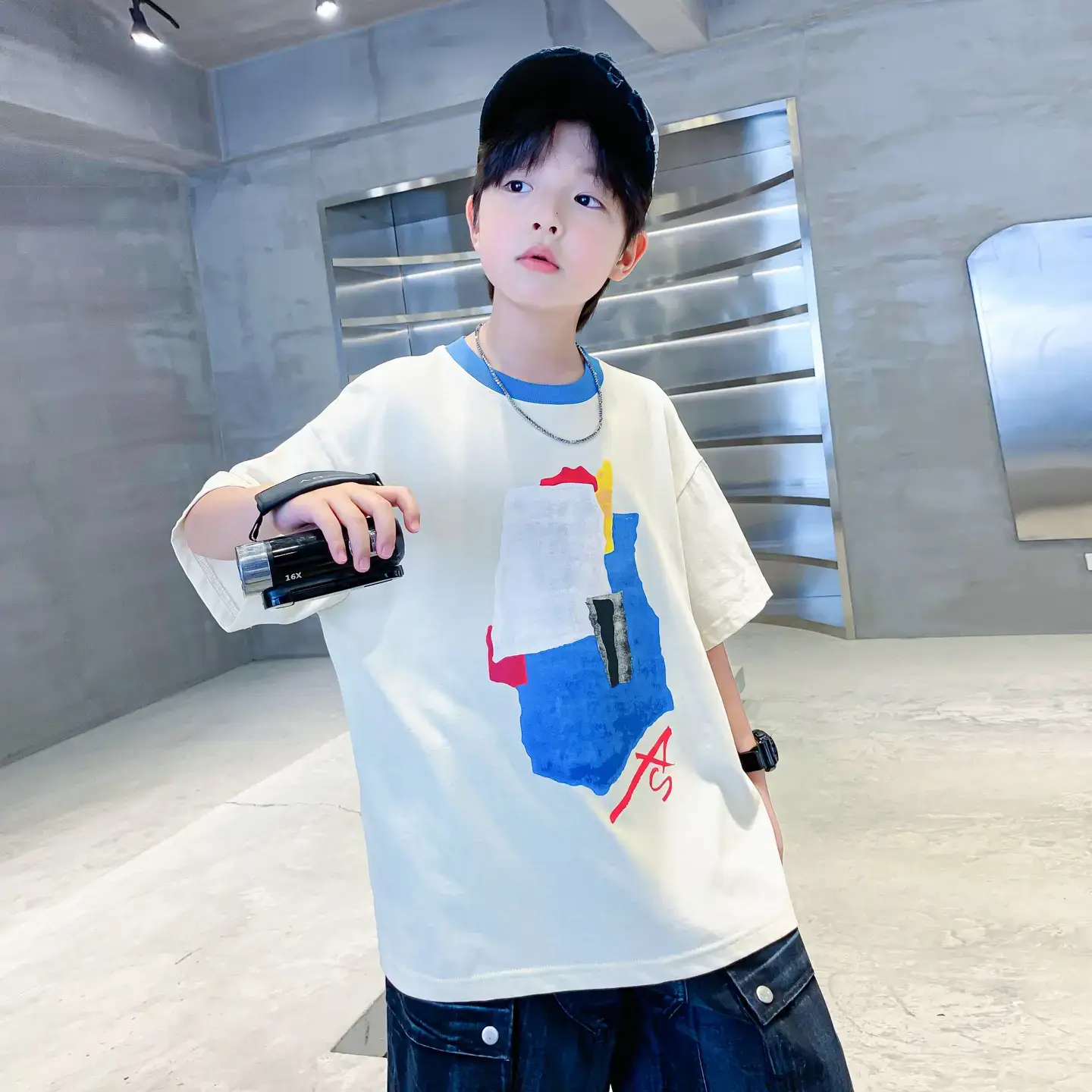 Boys Korean Style Cotton T-Shirt Black 2026 - Image 2