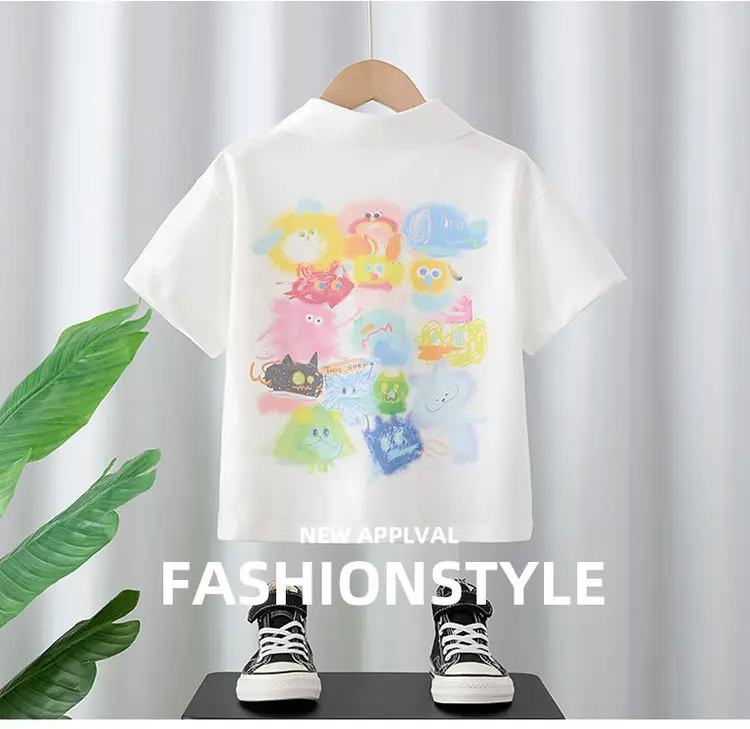 Boys Cartoon Print White Lapel T-Shirt Kids — feature 1