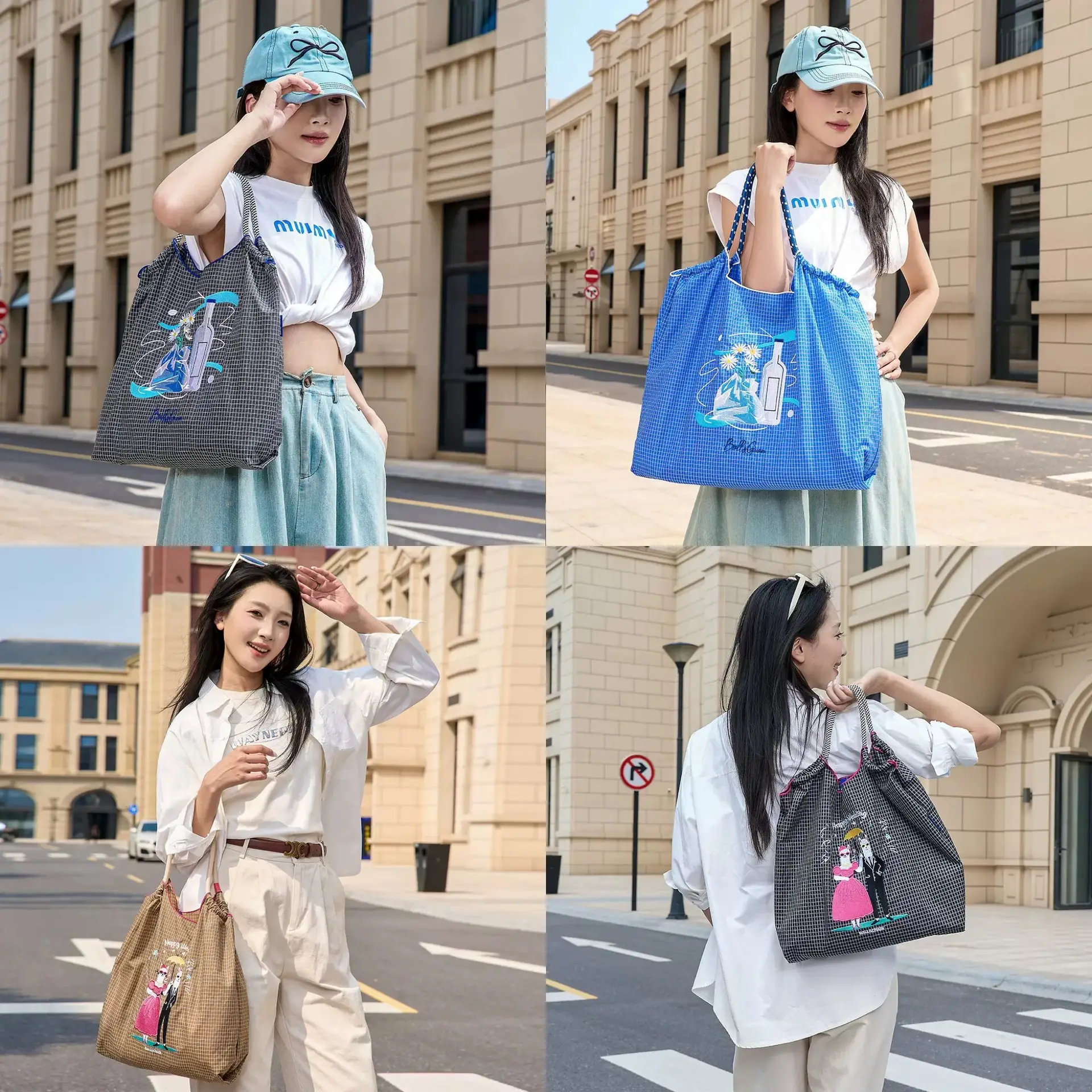 Ladies Eco-Green Embroidered Nylon Shopping Bag Blue - Image 27