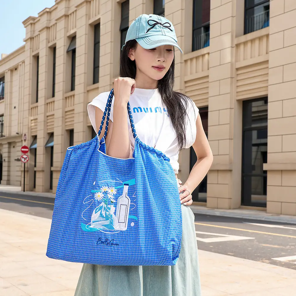 Ladies Eco-Green Embroidered Nylon Shopping Bag Blue - Image 29