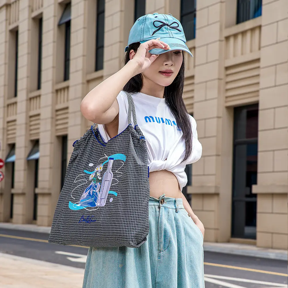 Ladies Eco-Green Embroidered Nylon Shopping Bag Blue - Image 30