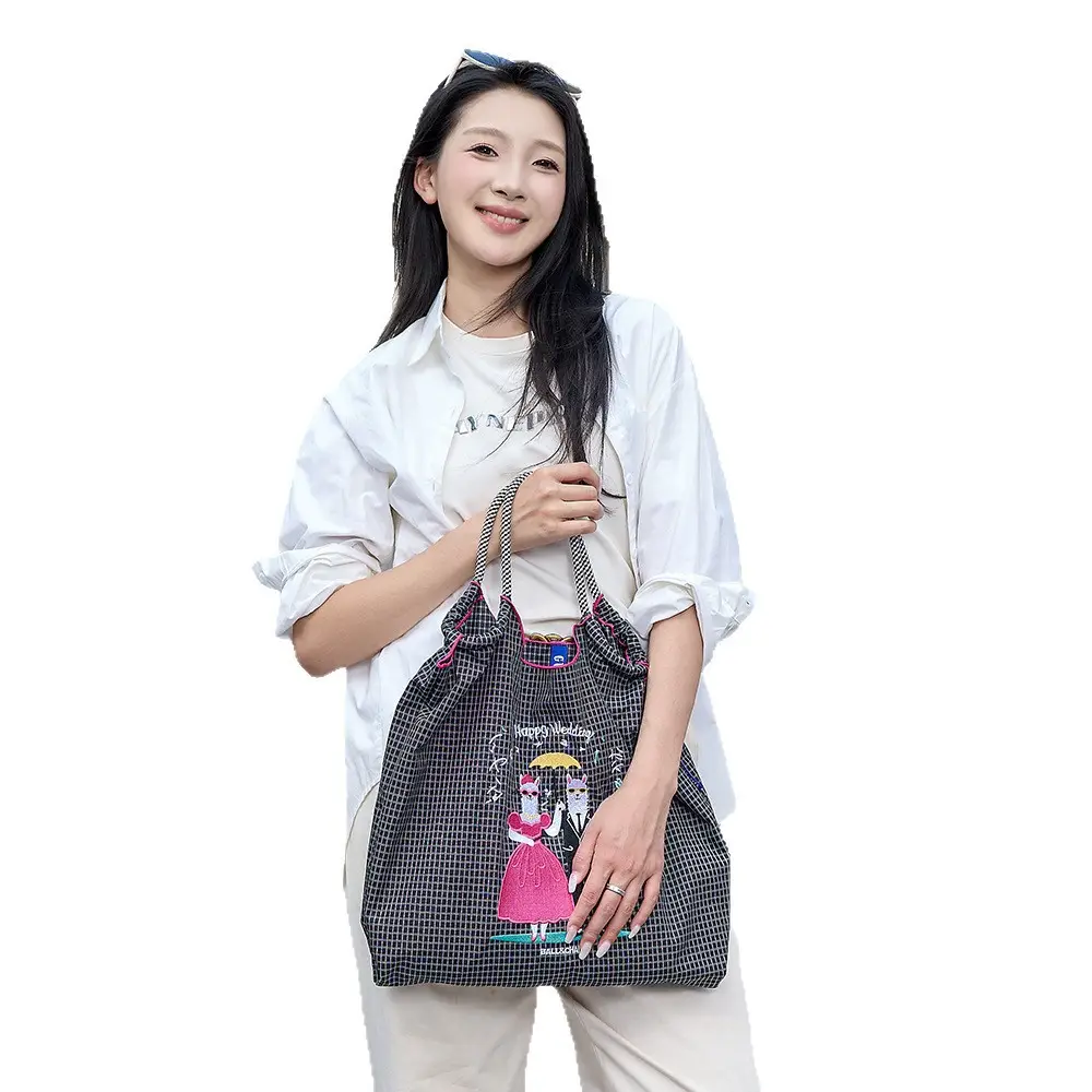Ladies Eco-Green Embroidered Nylon Shopping Bag Blue - Image 31