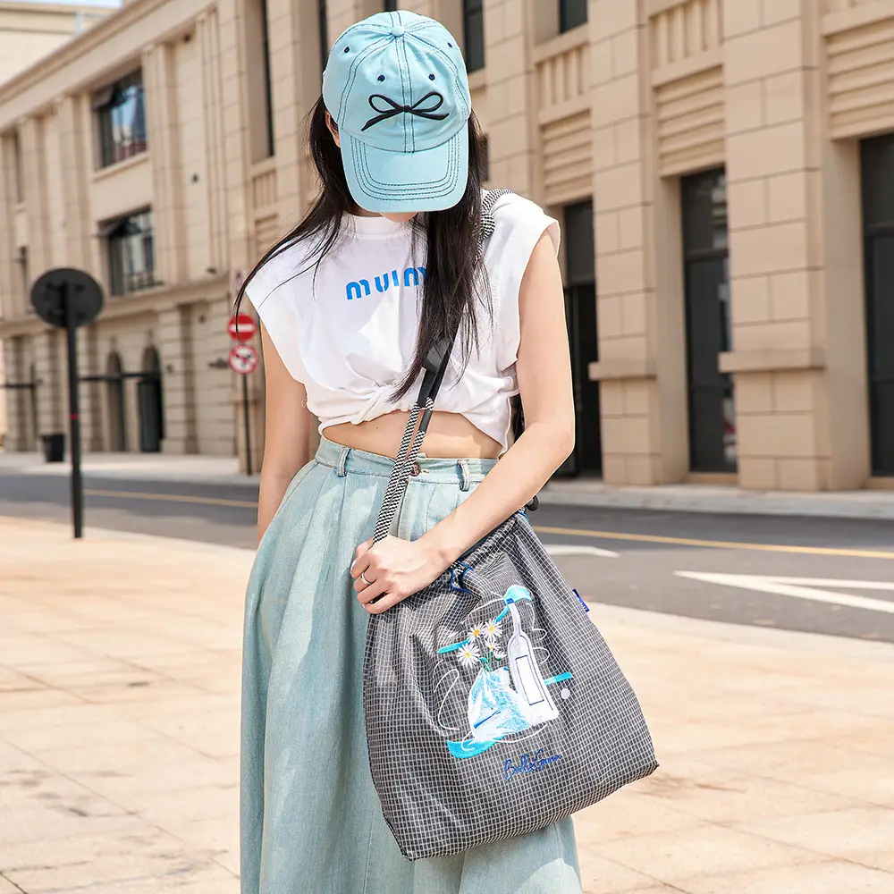 Ladies Eco-Green Embroidered Nylon Shopping Bag Blue — feature 6