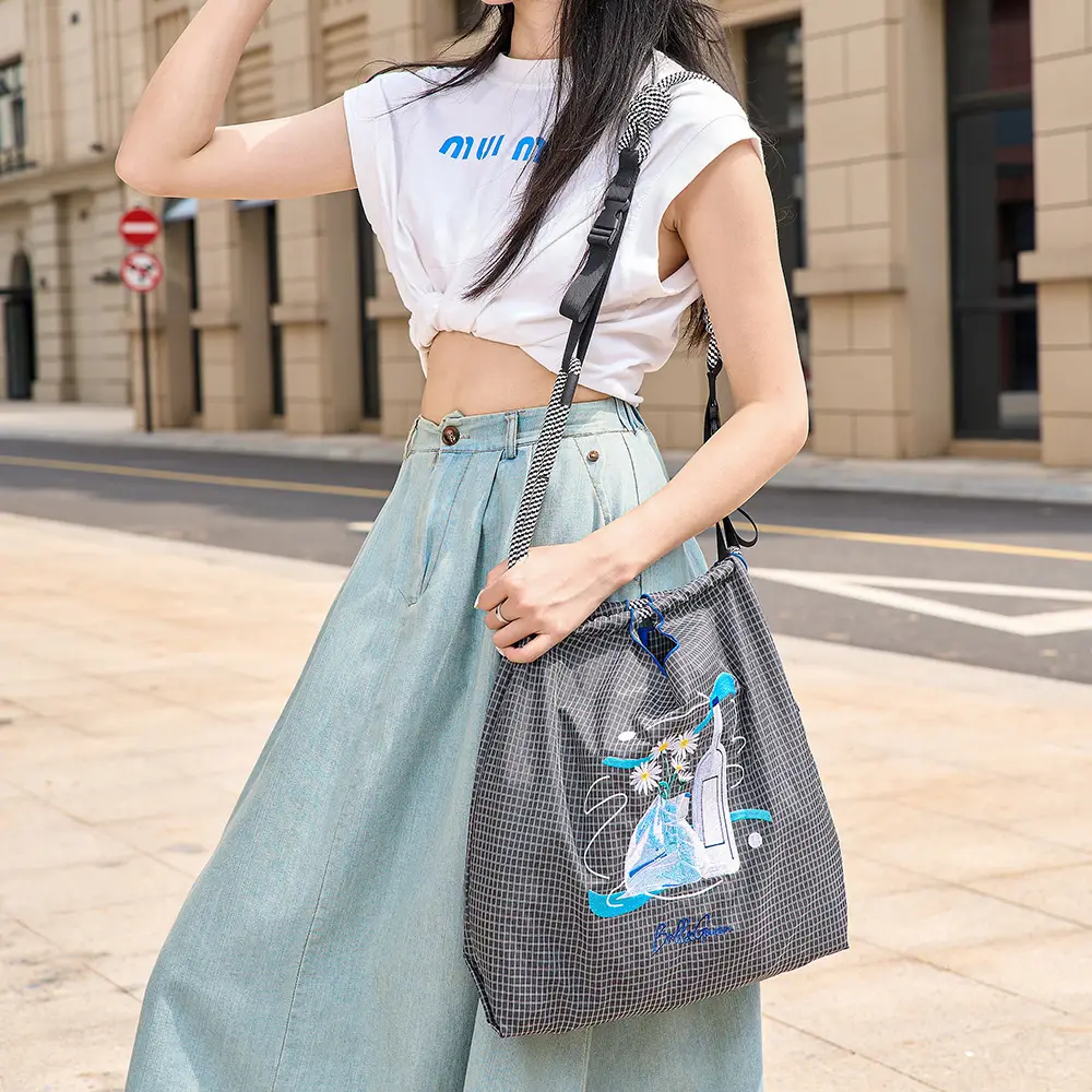 Ladies Eco-Green Embroidered Nylon Shopping Bag Blue — feature 7