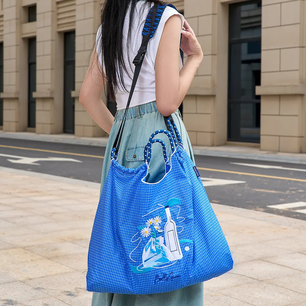 Ladies Eco-Green Embroidered Nylon Shopping Bag Blue — feature 8
