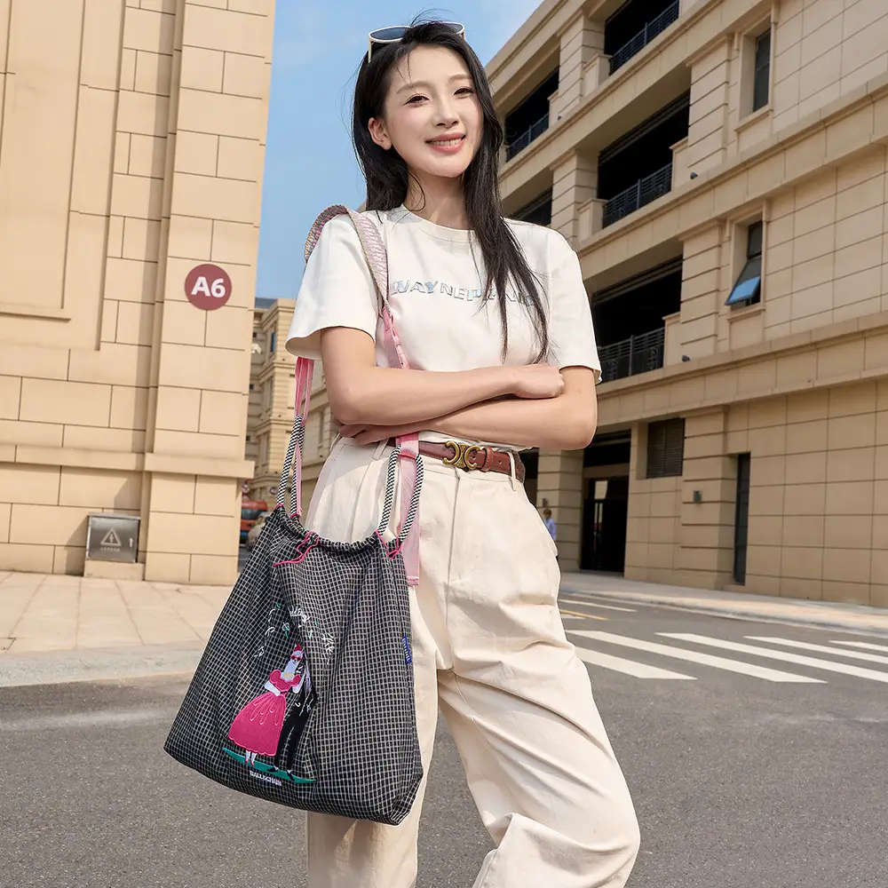 Ladies Eco-Green Embroidered Nylon Shopping Bag Blue - Image 2
