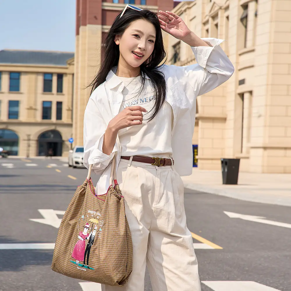 Ladies Eco-Green Embroidered Nylon Shopping Bag Blue - Image 4