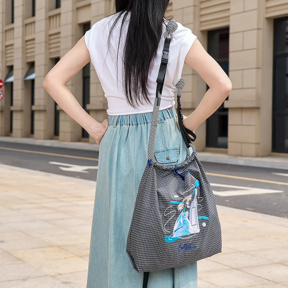 Ladies Eco-Green Embroidered Nylon Shopping Bag Blue - Image 6