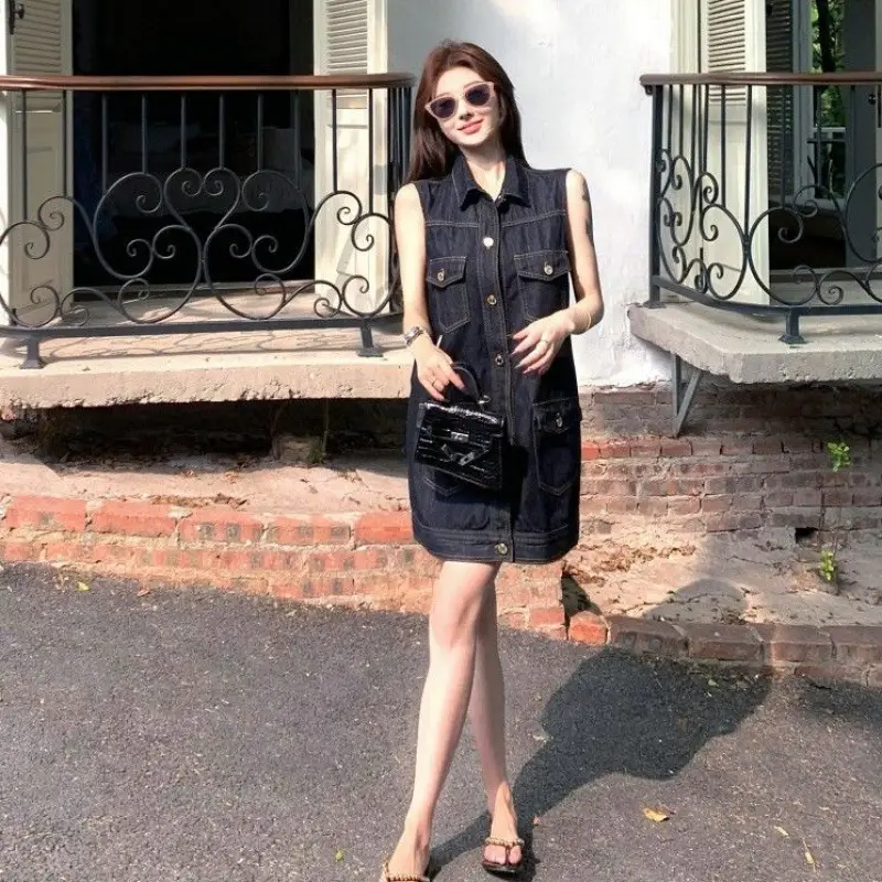 Dark Blue Sleeveless Denim Dress for Women Summer